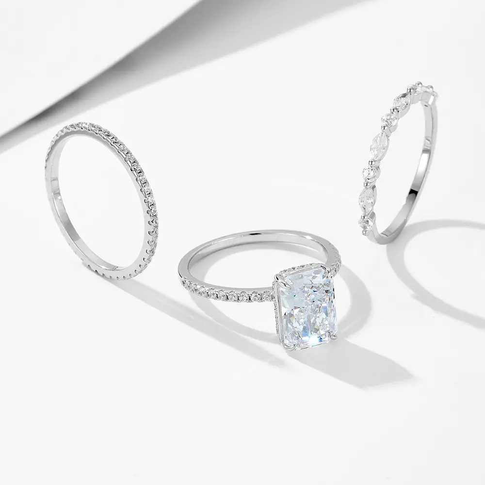 Women's 3-Piece Minimalist All-Silver Cubic Zirconia Stackable Rings - Radiant Cut Engagement Stackable Bands, Chic Layered Jewelry with Brilliant Shine, Perfect for Daily & Everyday Wear