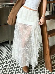 Y2K Side Ruffle Patchwork Long Lace Layered Skirt Sexy Music Festival Summer Transparent White Women's Bottoms Vintage Clubwear Cute Straight Chic Skirts