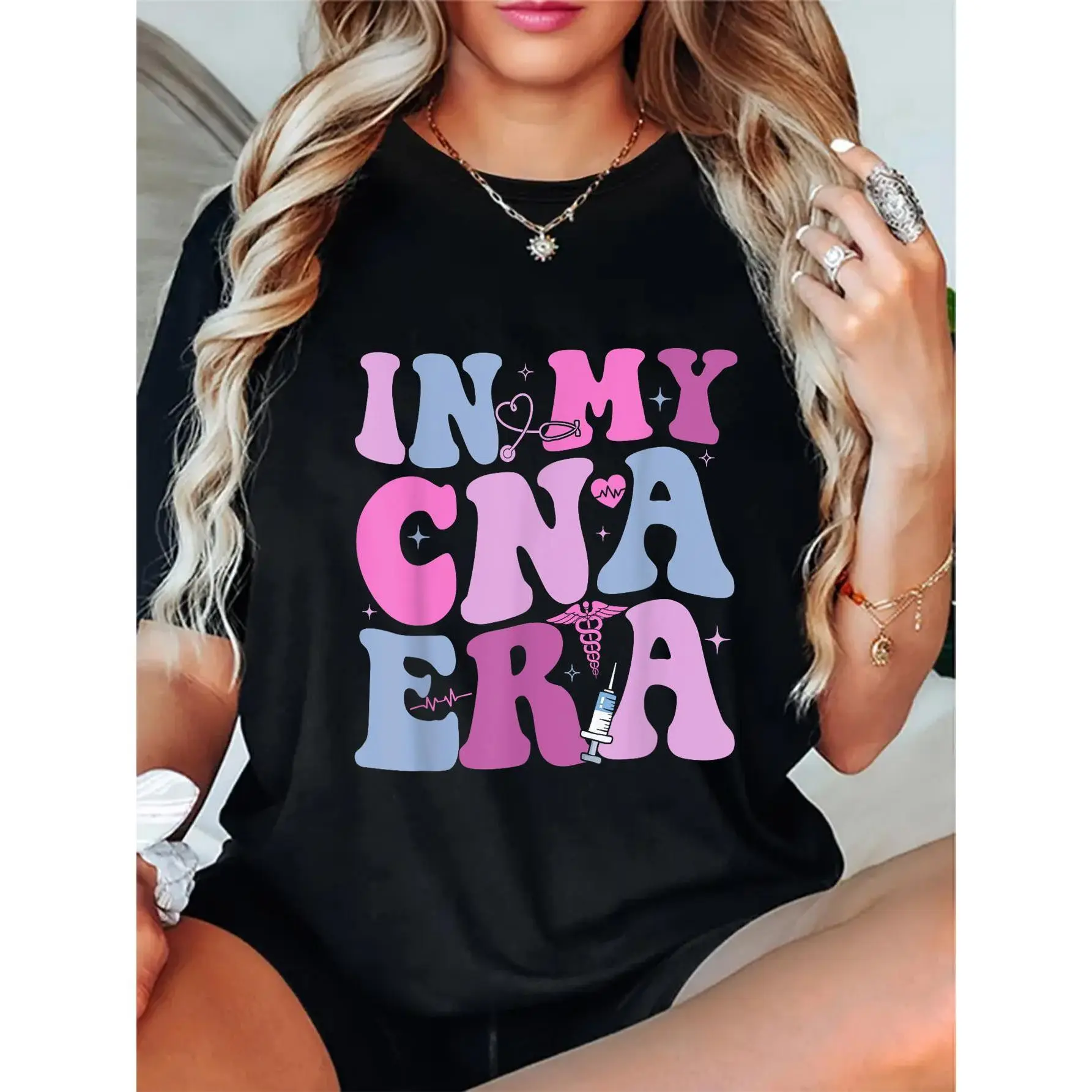 Women's 100% Cotton Round Neck Short Sleeve Fitted Nurse-Themed T-Shirt - Funny CNA Graphic, Machine Washable Black Summer Casual Streetwear Top, Shortsleeve