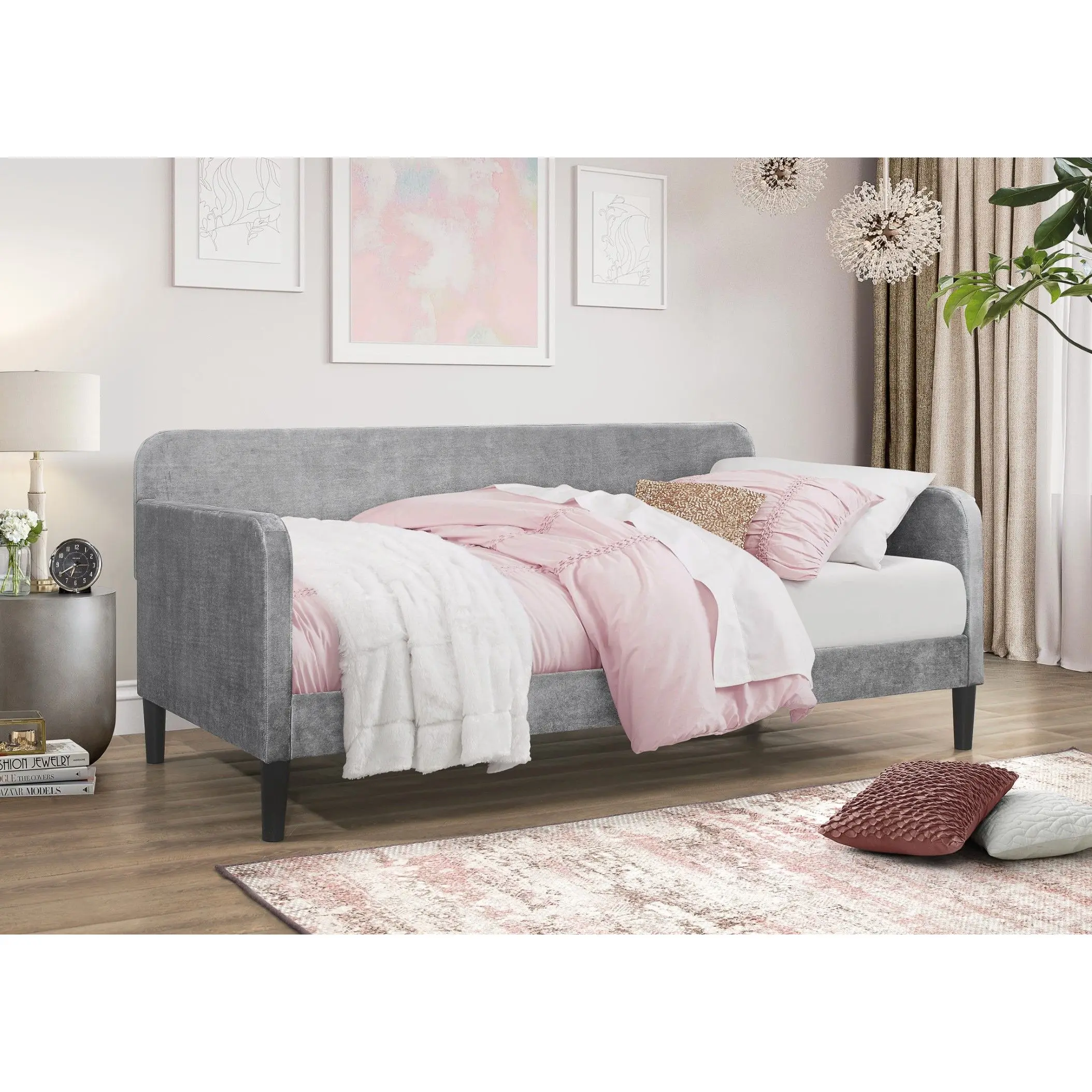 Favorer Savannah Traditional Twin Velvet Daybed with Wood Frame, Arched Back & Rounded Arms, 80.9"(l) x 42.7"(w) x 35.4"(h) Indoor Bedroom Furniture for Bedroom Decor, Assembly Required, Armrest