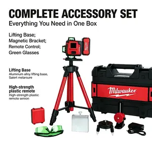 Milwaukee 16-Line 4D Green Laser Level With Telescopic Tripod And 6000mAh Power Cell. This High-Precision Layout Tool Delivers Reliable Self-Leveling Within 4 Degrees For Mechanical Engineering And Interior Renovation Tasks.