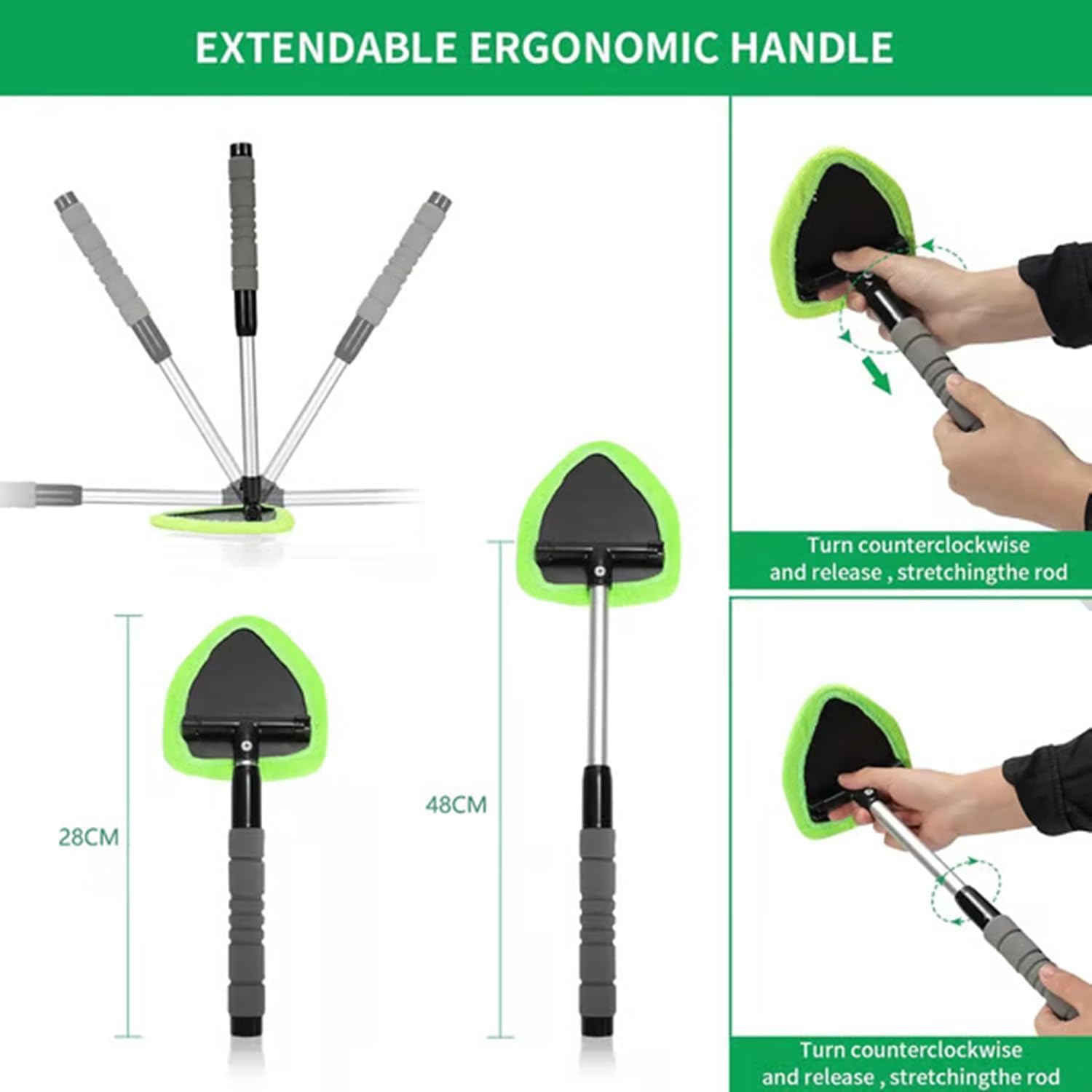 Windshield Cleaner Tool, Car Interior Window Detailing Cleaning Kit with Extendable Handle and 5 Easy-to-Install Reusable Microfiber Pads, Auto Glass Wiper Brush Kit for Car&Home, green, 21in
