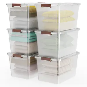 Clear Plastic 53qt Storage Bin with Lids and Latch Buckle, Stackable Tote Organizing Box, Nestable Containers Set of 6 Organiser Multicolor