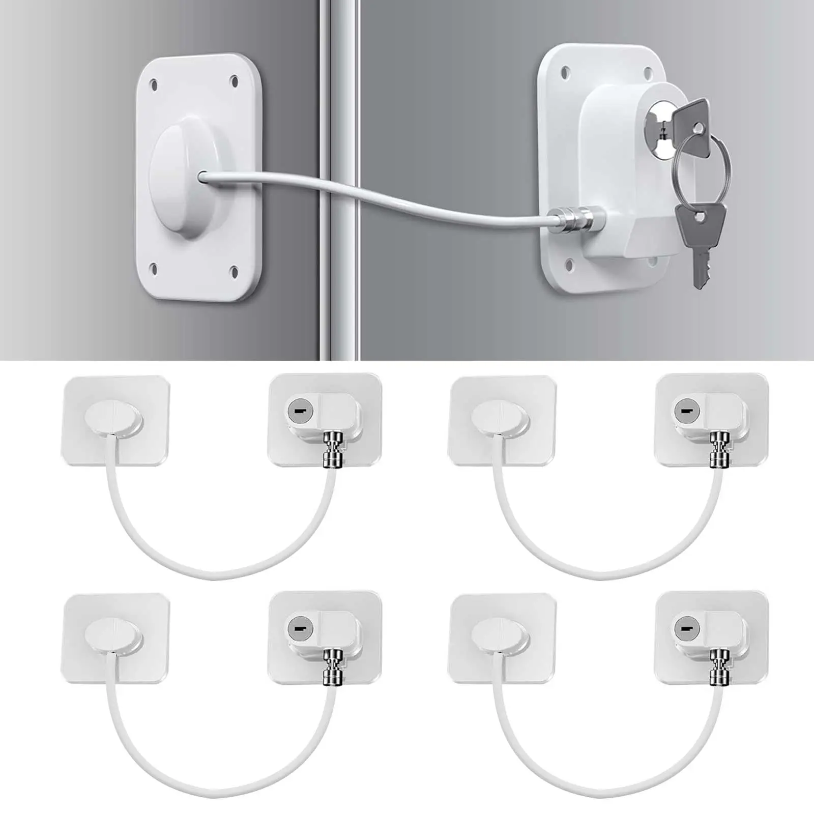 4Pcs Self-Adhesive Cabinet Latch with Key - Adjustable refrigerator lock Latch for Cabinets, Drawers, Refrigerator, Doors & Windows, Proof Safety Lock