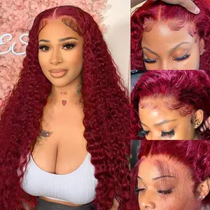Bling Hair 180% Density 99J Burgundy/Reddish Brown Deep Wave Lace Front Wigs Human Hair 13x6 HD Lace Frontal Wigs Human Hair Lace Front Wigs Pre Plucked 99j Burgundy Deep Curly Human Hair For Women