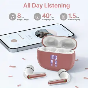 The wireless earphones provide 40 hours of playback time, equipped with a microphone, V5.3 wireless technology, 380mAh LED display charging case, offering stereo bass, clear calls, suitable for office use and workouts, with a gold appearance