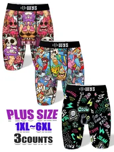Men's Plus Size Long Briefs 1xl-6xl, Stretchy Boxer Pants, Breathable Sports, Colorful Print Design, Moisture Wicking, Quick Dry, Elastic Comfort