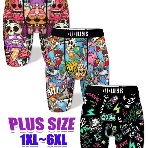 Men's Plus Size Long Briefs 1xl-6xl, Stretchy Boxer Pants, Underwear Men, Breathable Sports, Colorful Print Design, Moisture Wicking, Quick Dry, Elastic Comfort