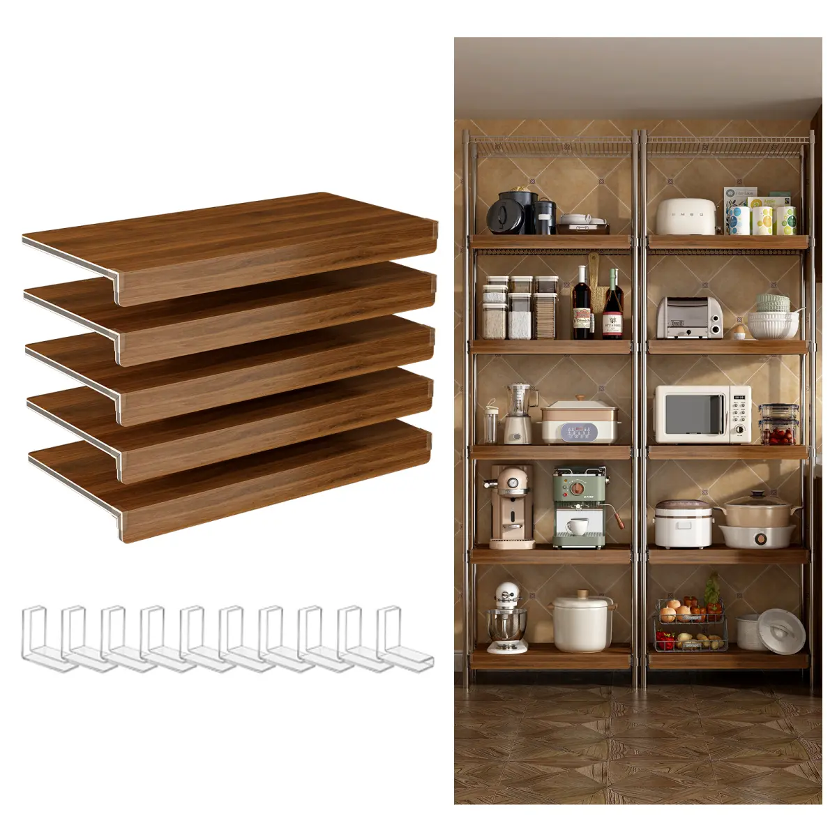 (24 INCH) 5 Pcs Wire Shelf Covers, Foamed PVC Wire Rack Covers for Removable Closet (Not Wood), Pantry Shelves for Cabinet Bathroom Kitchen Shelving Decoration ( WALNUT Color )