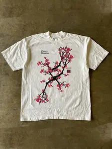 [back-to-school Season All Saints'Day Thanksgiving Day Limited Edition] Men's Y2K Cherry Blossom Floral T-Shirt - White Semi-Sheer Tee with Pink Floral Branches, Relaxed Fit for Streetwear, Parties, and Everyday Outfits, Machine Washable, Retro 2000s