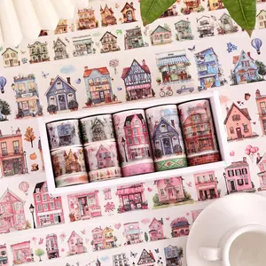 Colorful Town Pattern Washi Tape Set, Tape Strips, 12 Rolls/box Cute House Decorative Paper Tape, DIY Decorative Tape for Scrapbooking, Journaling, Gift Wrapping