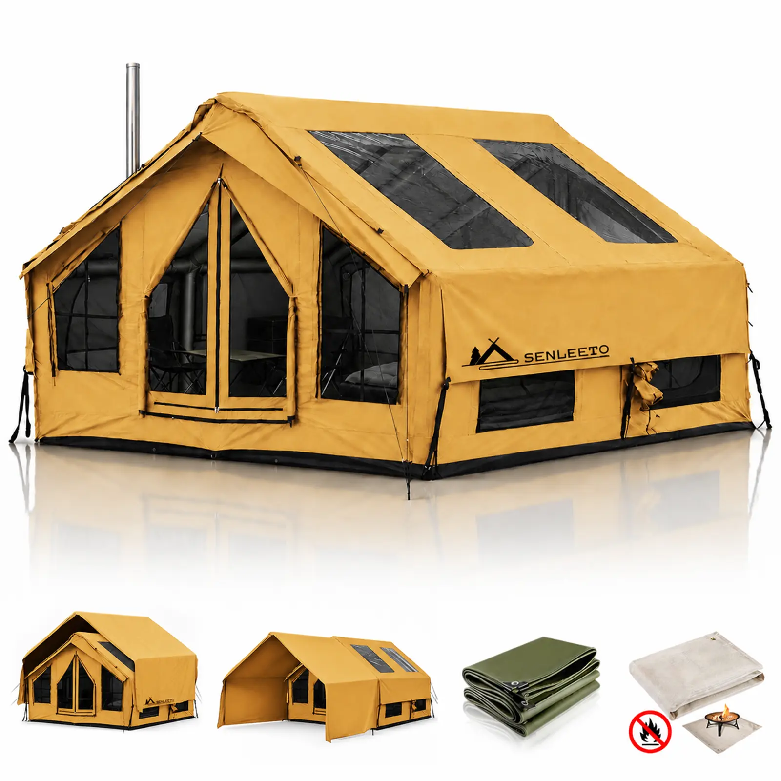 SENLEETO 5-8 Person Inflatable Glamping Cabin Tent - Heavy Duty 420D Oxford Waterproof Blow Up Family Tent with AC Port, 600D PVC Floor, Wind Resistant & Clear Skylight for Outdoor Camping