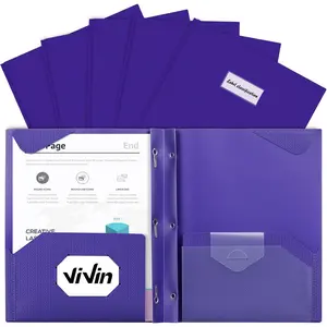 Plastic Folders with Pockets, 6 Pcs 3Prong Folders with Labels and Extra Pocket, 2 Pocket Poly Folders, 9 * 12 Letter Size Portfolio, for School, Office, and (Purple)