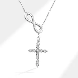 Endless Romance Silver Oxidized Zircon Cross Pendant Necklace Niche Design Clavicle Chain Suitable For Minimalist/Elegant Wear Double Element Jewelry With A Sense Of Atmosphere Exquisite Neck Accessory V14