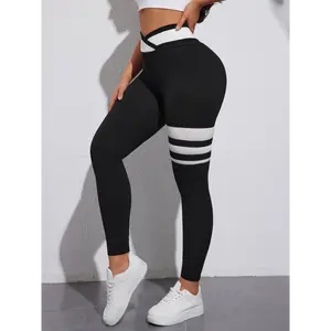 Cross Waist Color Block Yoga Workout Pants, High Waist Running Sports Fitness Leggings, Women'S Activewear