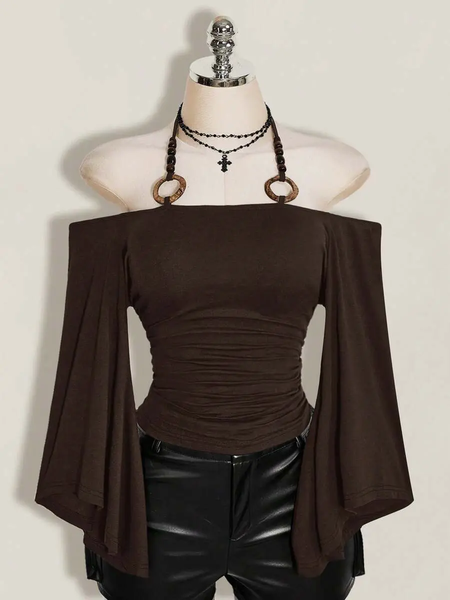 JEWEL Y2K Goth Retro Dark Brown Halterneck Flared Sleeve Knit T Shirt Avant Garde Streetwear Club Night Out Summer
