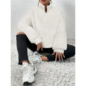 Women Casual Dropped Shoulder Loose Turtleneck Half-Zip Front Teddy Fleece Sweatshirt, Long Sleeve Tops for Autumn Winter