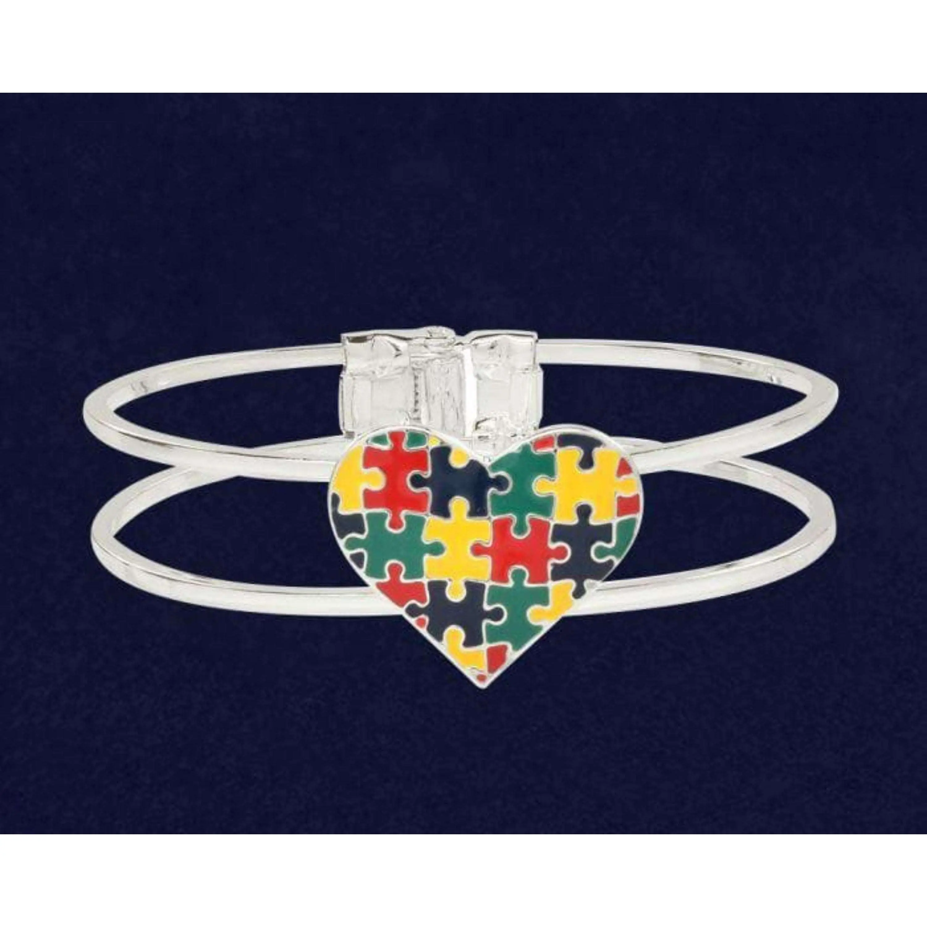 Autism Bangle Puzzle Heart Bracelet with Colorful Heart Design and Silver Band