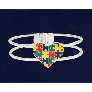 Autism Bangle Puzzle Heart Bracelet with Colorful Heart Design and Silver Band