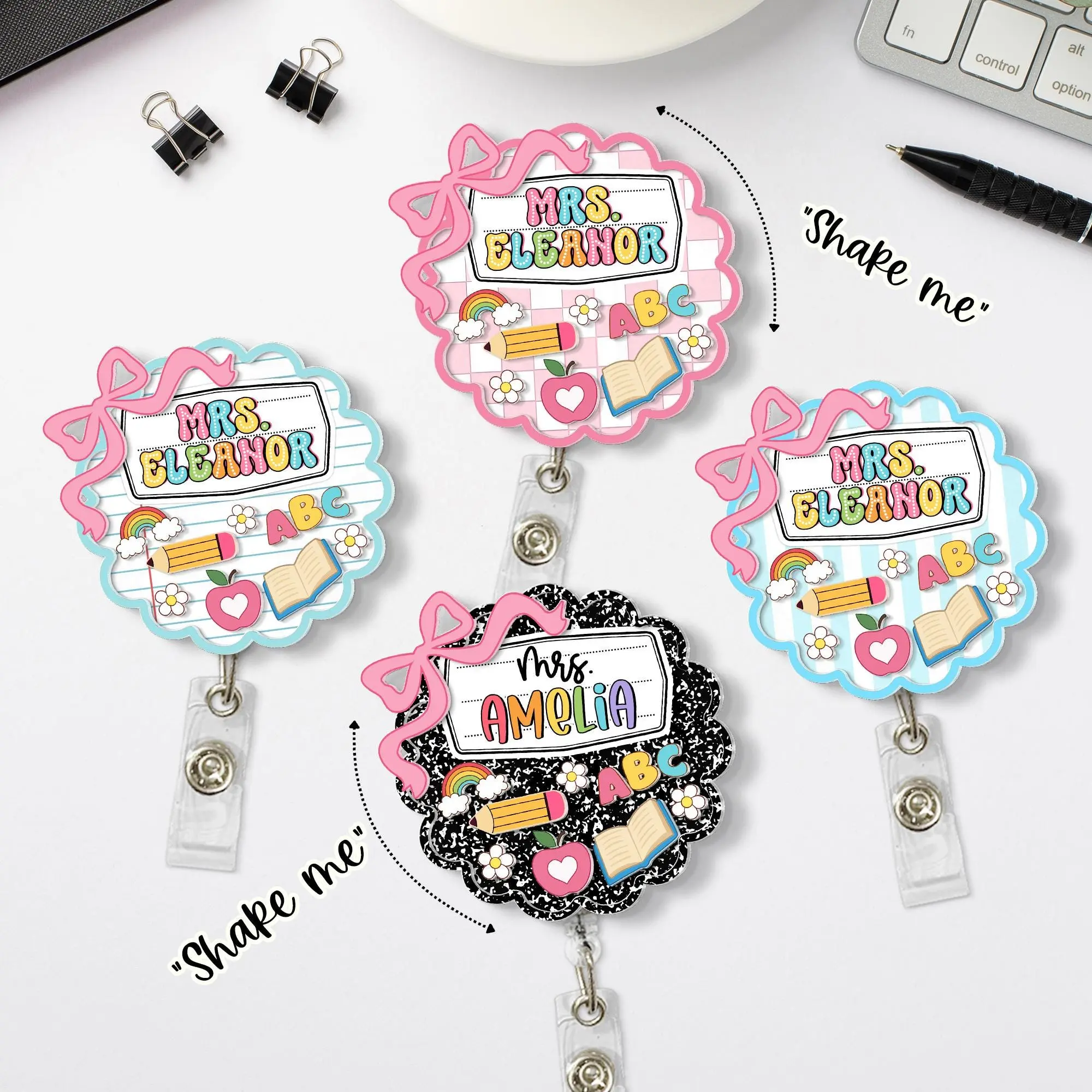 Custom Shaker Coquette Composition Book Teacher Name Badge Reel: Teacher ID Clip, Teacher Appreciation Gift, Back To School Teacher Gift