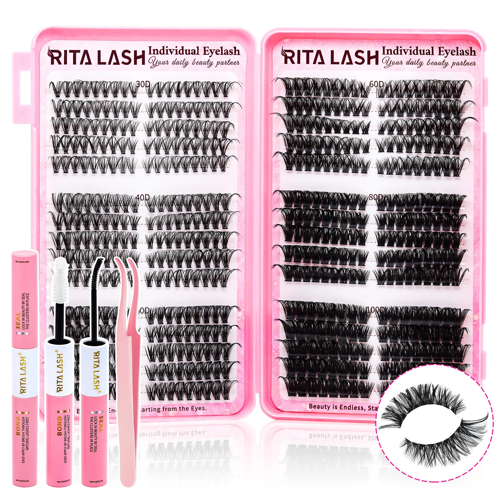 RITALASH 530Pcs Separated False Eyelashes Kit, Cat30D-100D D Curl Individual Lash Extensions, Makeup Eyelashes Extensions with Lash Bond&Seal, Tweezers for Daily Life&Dates