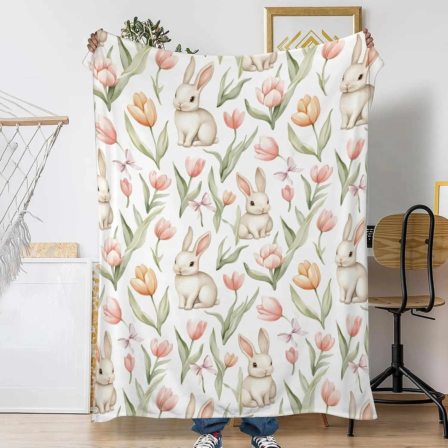Ultra-Soft Flannel Fabric Seamless Fleece Blanket - Watercolor White Bunny, Pink Peach Tulip, Flower Bow, Butterfly Print - Spring Easter Cottagecore Nursery Room, Whimsical Home Decor, Bedding Gift, Room Decor