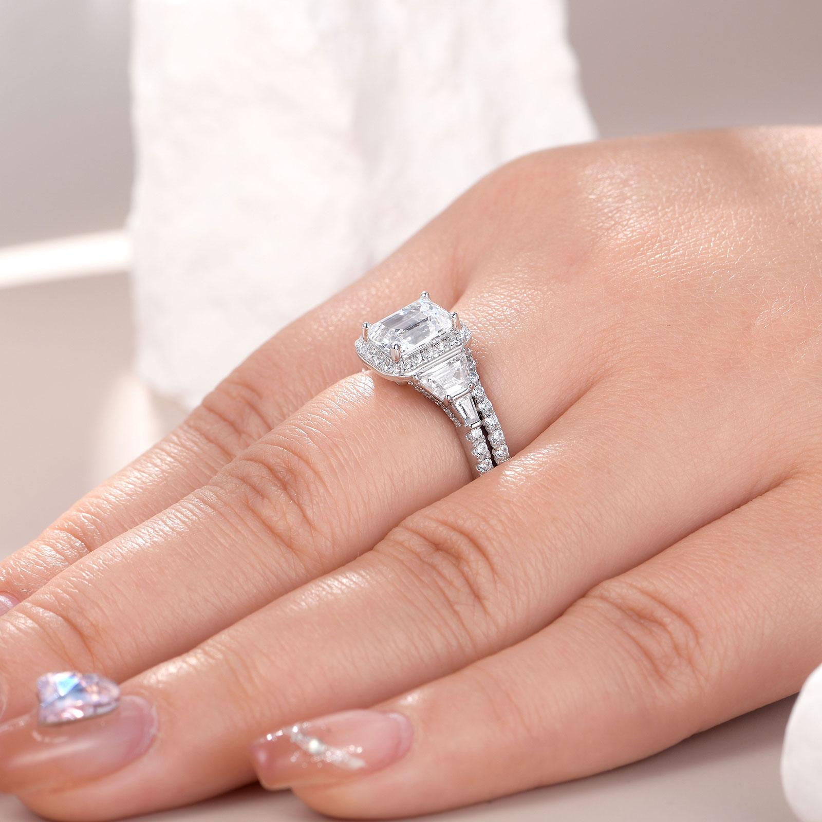 Newshe Wedding Rings for Her AAAAA Cubic Zircon Women's Bridal Sets 925 Sterling Silver Emerald Cut Engagement Ring Size 5-10