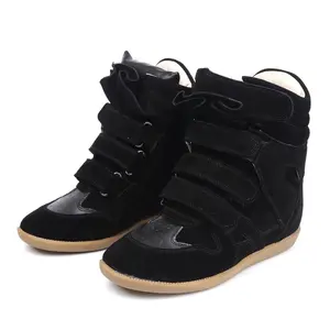 2025 Genuine Leather Casual Shoes Women's Summer Breathable Hollow Hidden Wedges Sneakers Hook Loop Trainers High Top Boots Girl Footwear Court