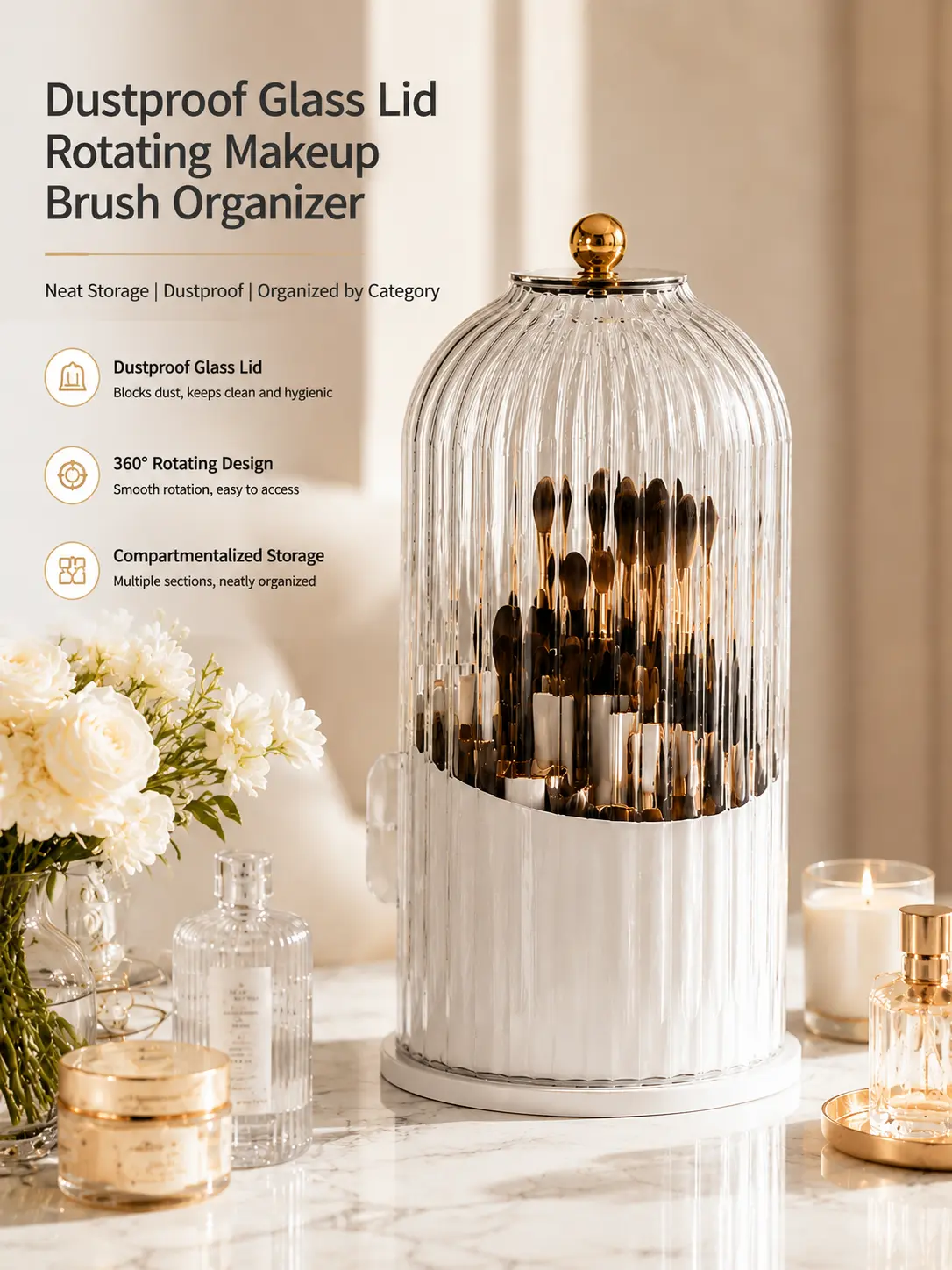 Detachable 360 Spinning Makeup Brush Holder Clear Bell Shaped Dustproof Lid Multi Slot Cosmetic Brush Lip Liner Eyebrow Pencil Storage Organizer Modern Vanity Decor Makeup Accessory Container