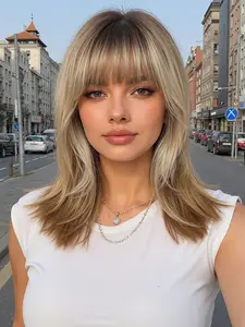 16 Inch Medium Straight Hair Wig with Bangs, Deep Synthetic Fiber, Synthetic Wigs, Natural Look, Easy Care, Versatile Usage, Suitable for Work, Life, Parties, Cosplay