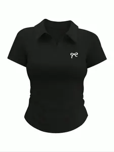 Women's Casual Mini Bow Printed Short Sleeve T-Shirt, Womenswear Versatile Everyday Wear for Teens & Students, Comfortable and Trendy