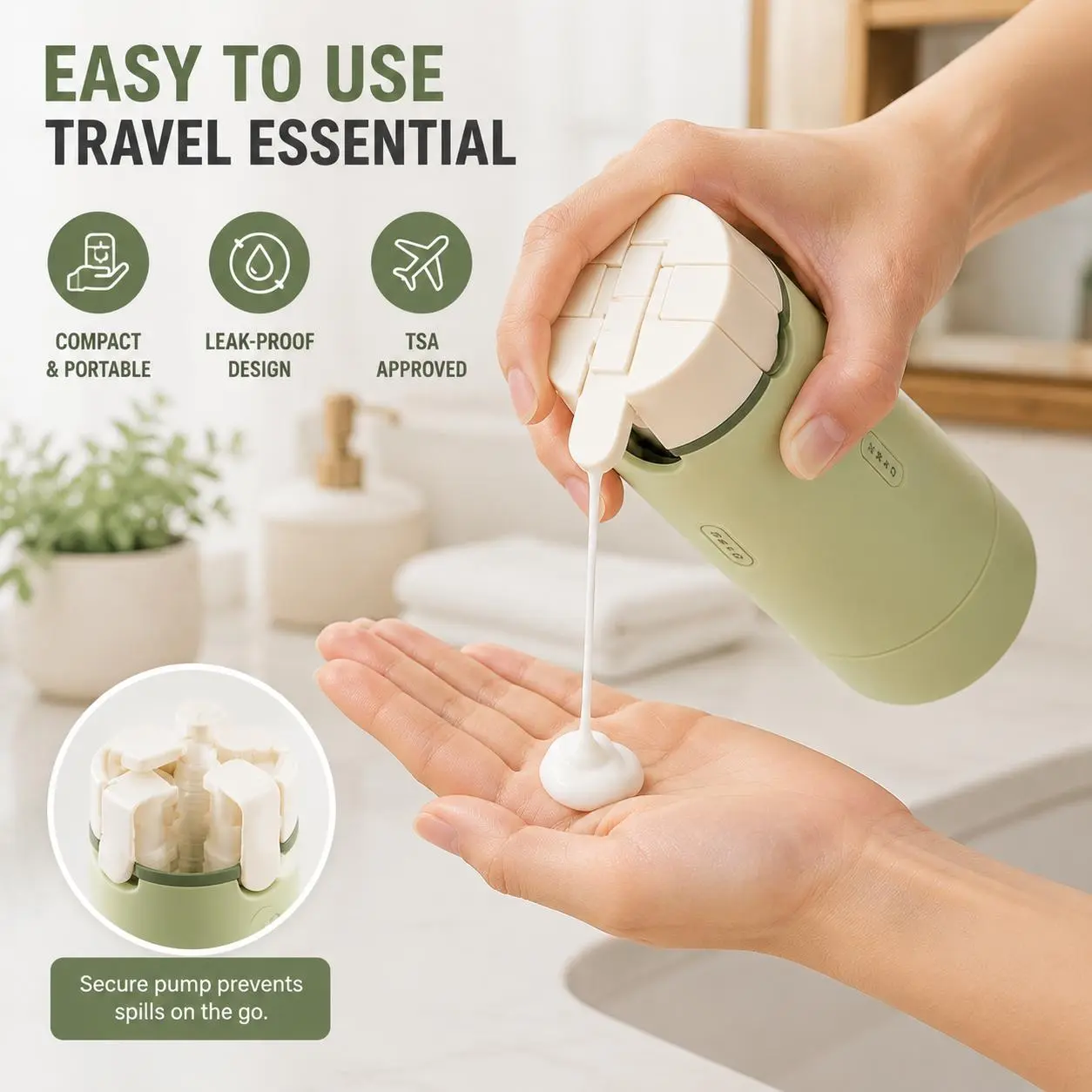 4-in-1 Compact Portable Travel Dispenser Bottle - Snap-Closure Refillable Leak-Proof TSA-Approved Bottles with Lids, Secure Pump Prevents Spills for Shampoo, Lotion, Conditioner - Ideal for Flights, Trips