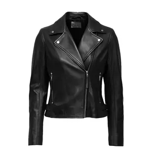 Women’s Designer Leather Jacket - Fitted Long Sleeve Gothic Rock Style Medium Length Autumn Pure Leather