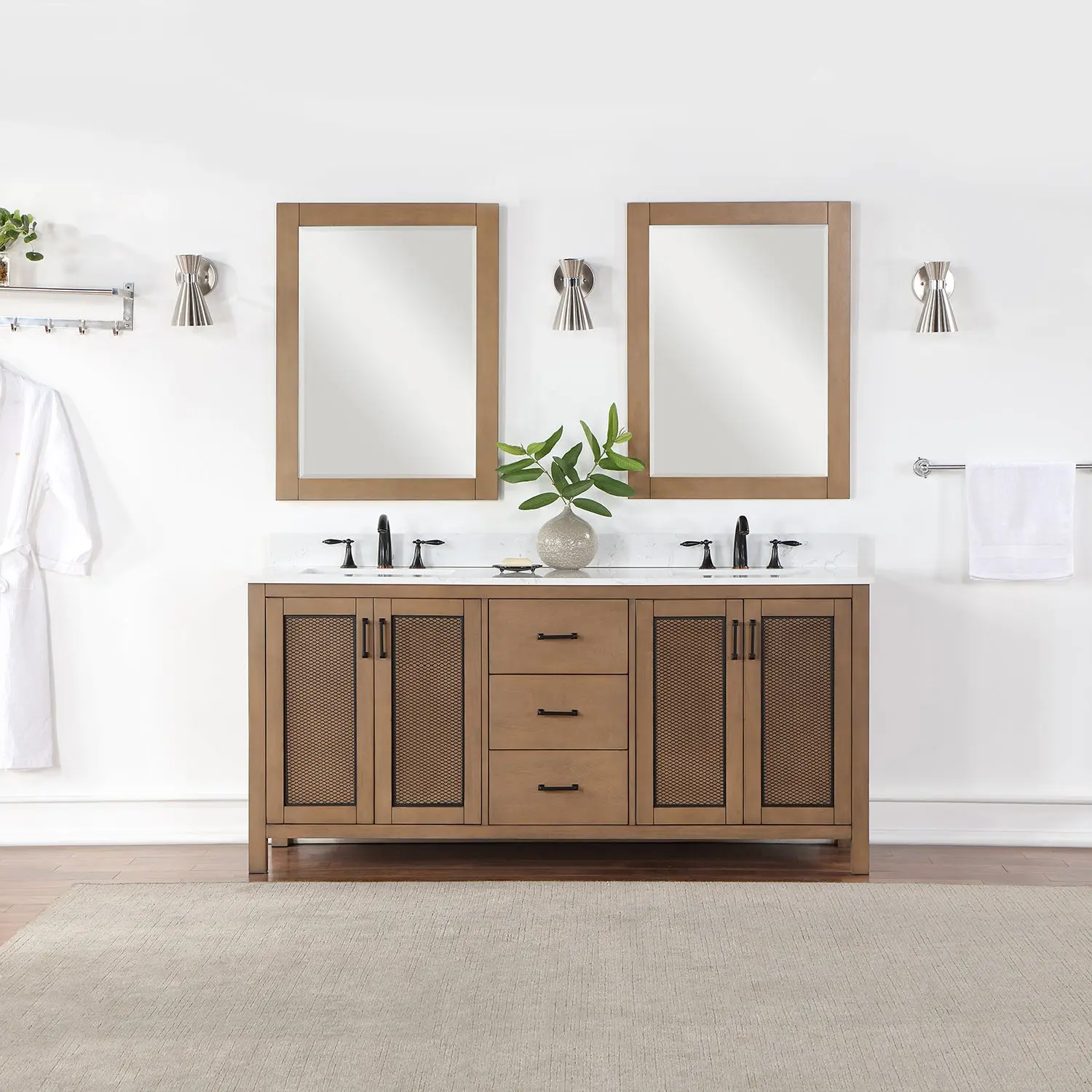 Altair Design Hadiya 72" Double Bathroom Vanity Set in Brown Pine with Aosta White Composite Stone Countertop