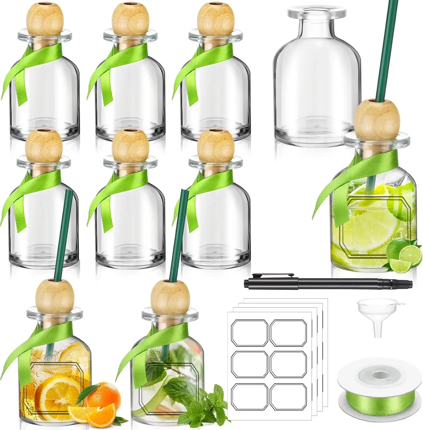 10 Packs 2oz/50ml Shot Glasses Patron Bottles with Cork and Straw Mini Empty  Bottles for Drinks    Jar with Green Ribbon for Wedding Party Personalized Decoration