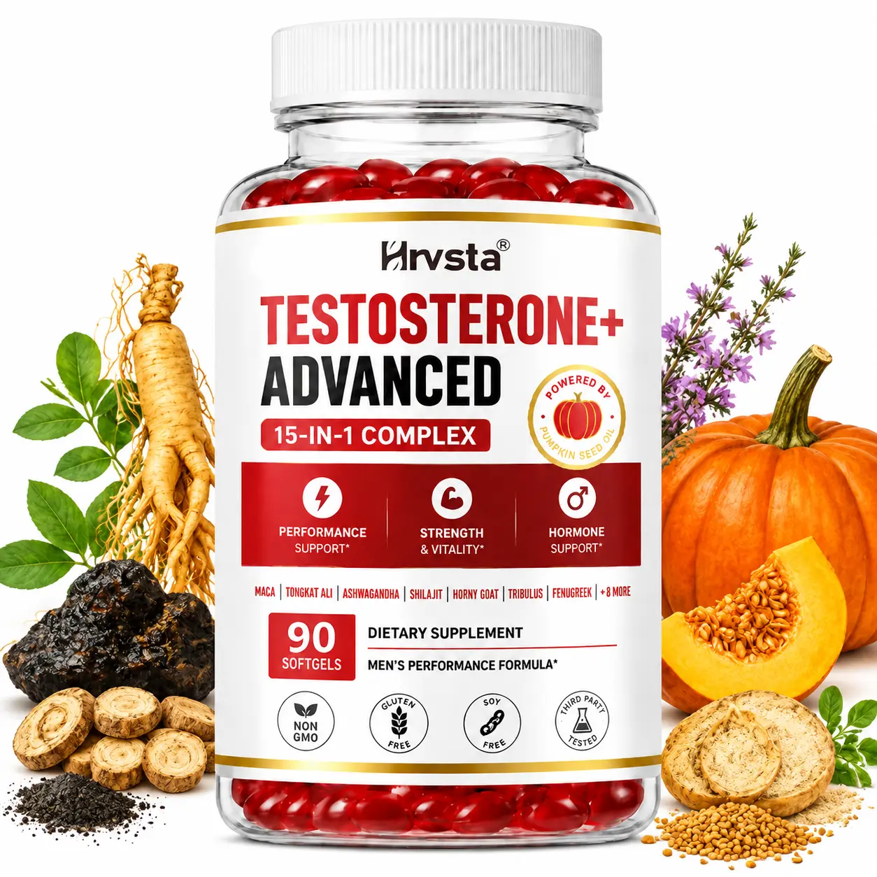 Testosterone Support Supplement for Men, 15-in-1 Herbal Blend with Tongkat Ali, Ashwagandha, Maca, Fenugreek & Pumpkin Seed Oil, Men's Vitality & Performance Support, 90 Softgels