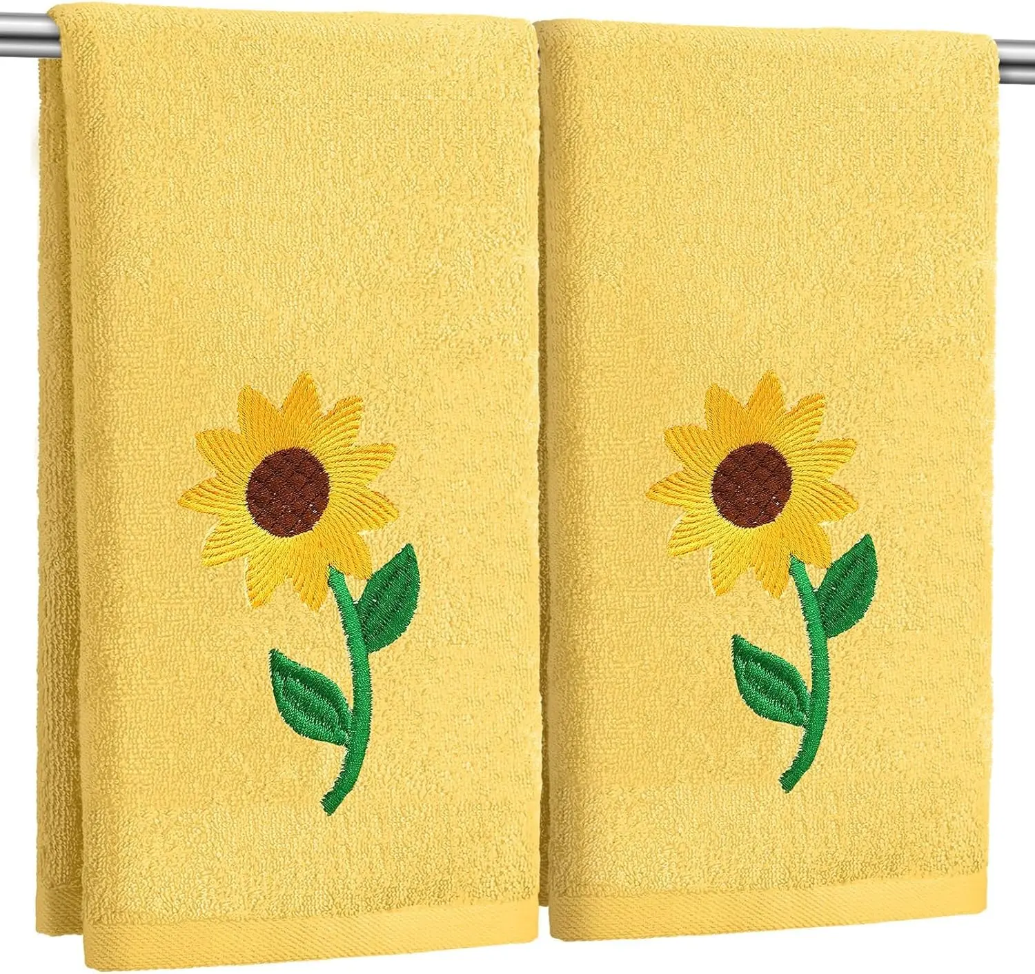 2 Pcs 100% Cotton Embroidered Sunflower Hand Towels 14x29 Inch Soft Absorbent Bright Yellow Decorative Hand Towels for Bathroom Kitchen Spring Summer Decor