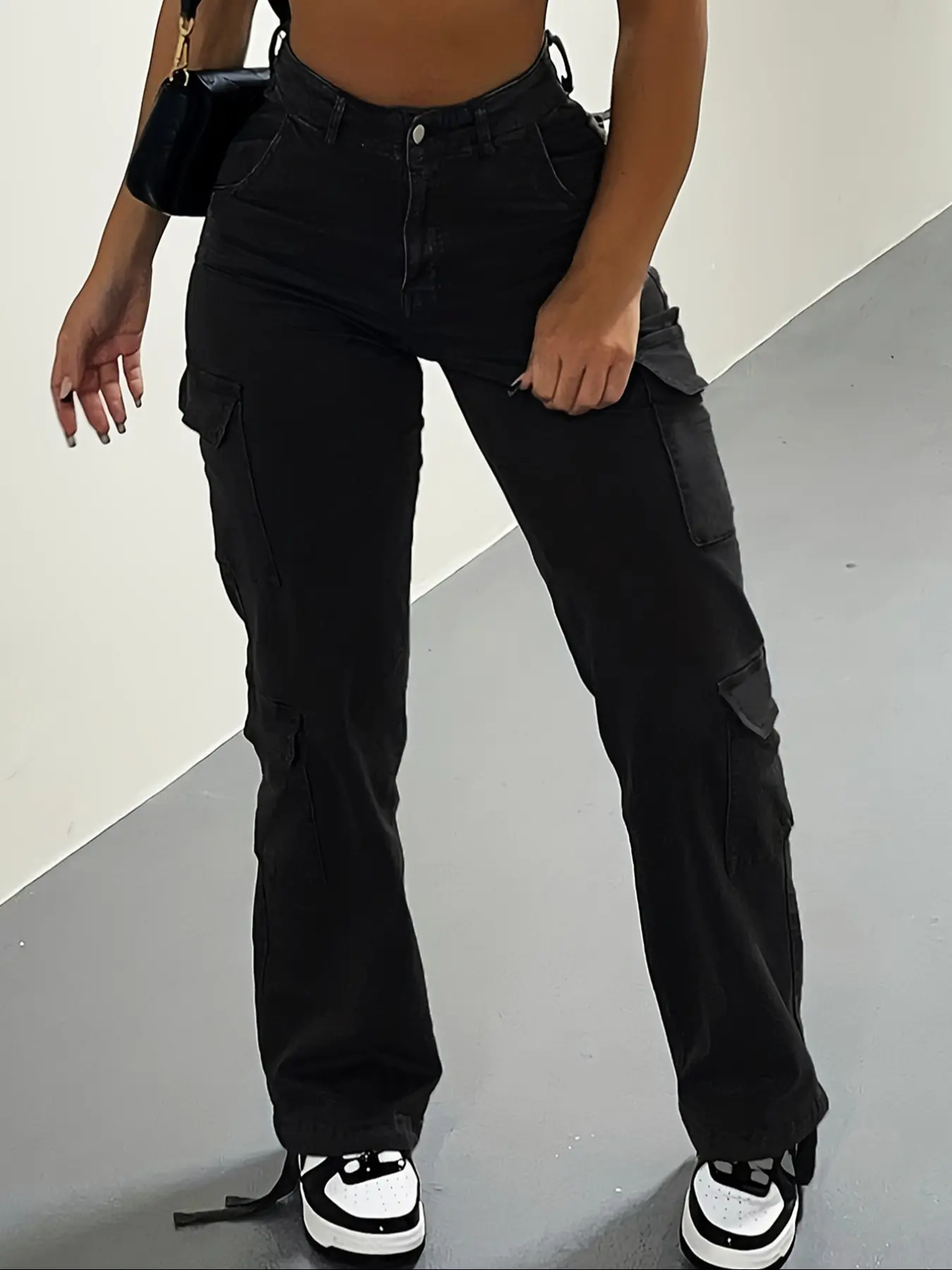 High-Waisted Adjustable Drawstring Cargo Pants Trouser for Women, Y2K Korean Street Style, Plain Multi-Pocket Woven Design, Casual Everyday All-Season Fitted Long Pants