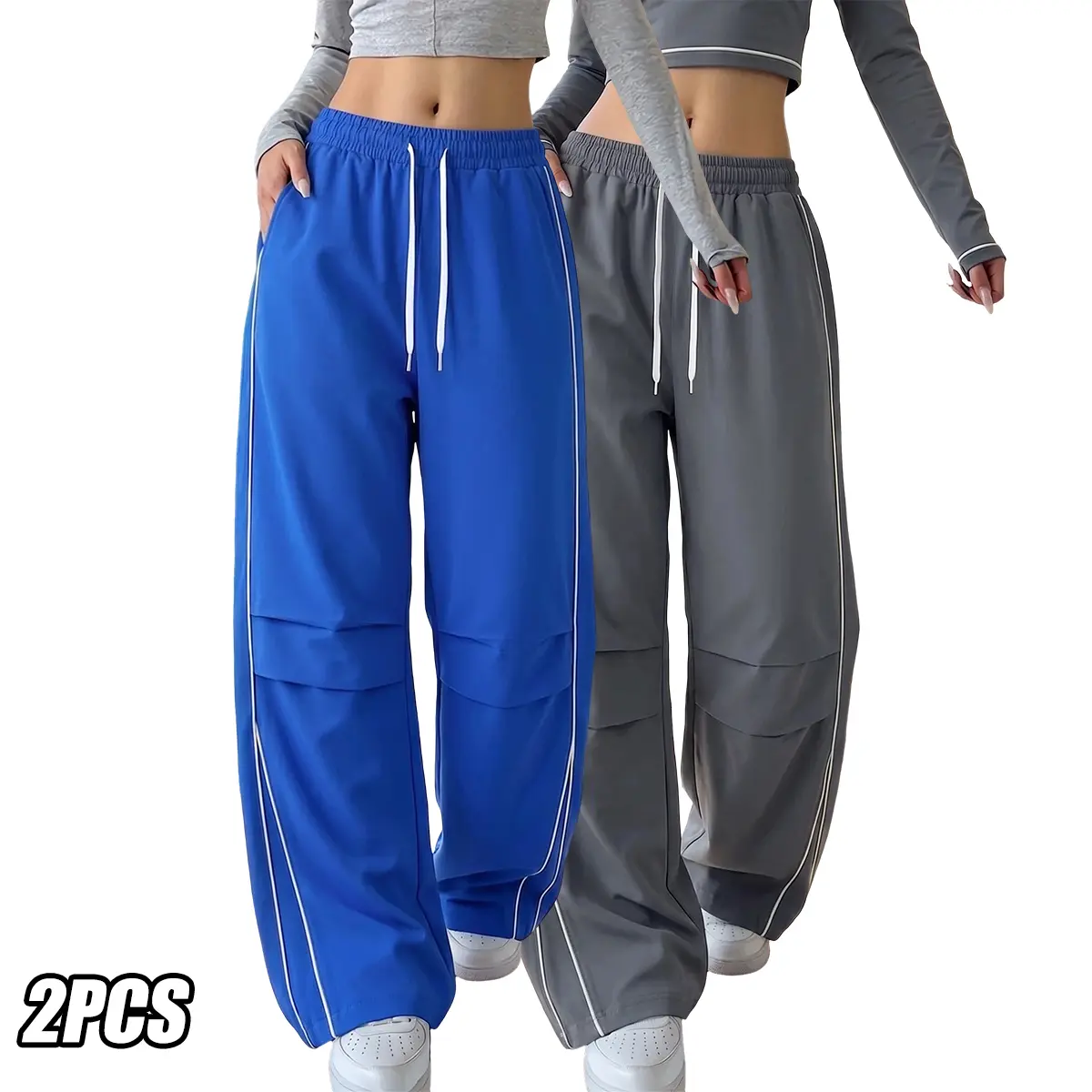 JOGWAVE 2PCS women’s wide-leg cargo pants featuring asymmetrical striped arcs on both sides, an elastic waistband with drawstring, urban casual style, Y2K aesthetic, simple yet fashionable