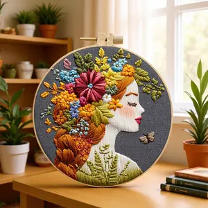 Flower Girl Hand Embroidery DIY Material Kit, Cross Stitch Sewing Set with English Instructions, Mother's Day DIY Gift