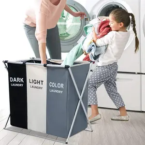 3 Section Laundry Basket Printed Dark Light Color Foldable Hamper Sorter with Waterproof Oxford Bags and Aluminum Frame for Home Dormitory Multicolored
