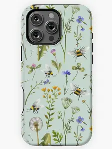 Bees and wildflowers on mint phone Case - Case for iP 8, X, 11, 12, 13, 14, 15, 16