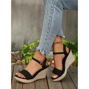 Ladies' wedge heel thick soled sandals, fashionable one line strap design, non slip casual beach sandals, comfortable summer shoes