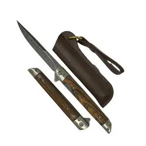 Small Folding Pocket Knives Safety Lock With Wood Handle Damascus Pattern Steel Blade For Outdoor Survival Camping Tools