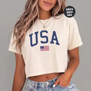 USA Flag Boxy Tee, Comfort Colors Cropped T-Shirt, 4 of July Shirt, Preppy y2k Aesthetic Crop Top, Cute Clothes, Funny Gag Gift for Girl Her Wife Girlfriend