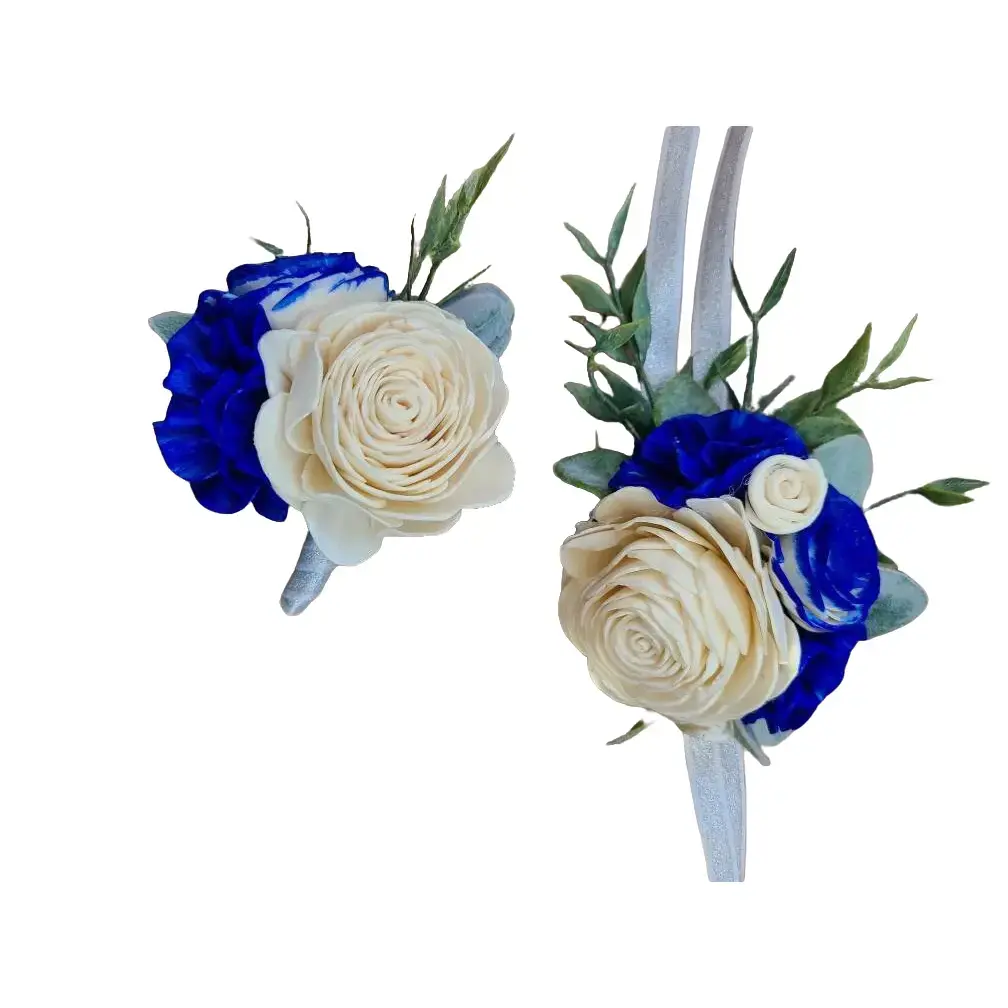 Decorative Wooden 2-Piece Flower Set - Custom Painted, Customizable Colors, 2" Diameter Boutonniere & Corsage with Ribbon for Home Decor Supplies, Two Piece Set, 2 Inches