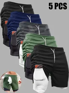 5pcs High Stretch Sports Shorts 5pcs Men's 2-in-1 Double Layer Shorts With Inner Pocket, High Stretch Sports Shorts For Summer Gym Workout Training Athletic Short, Running Workout Shorts