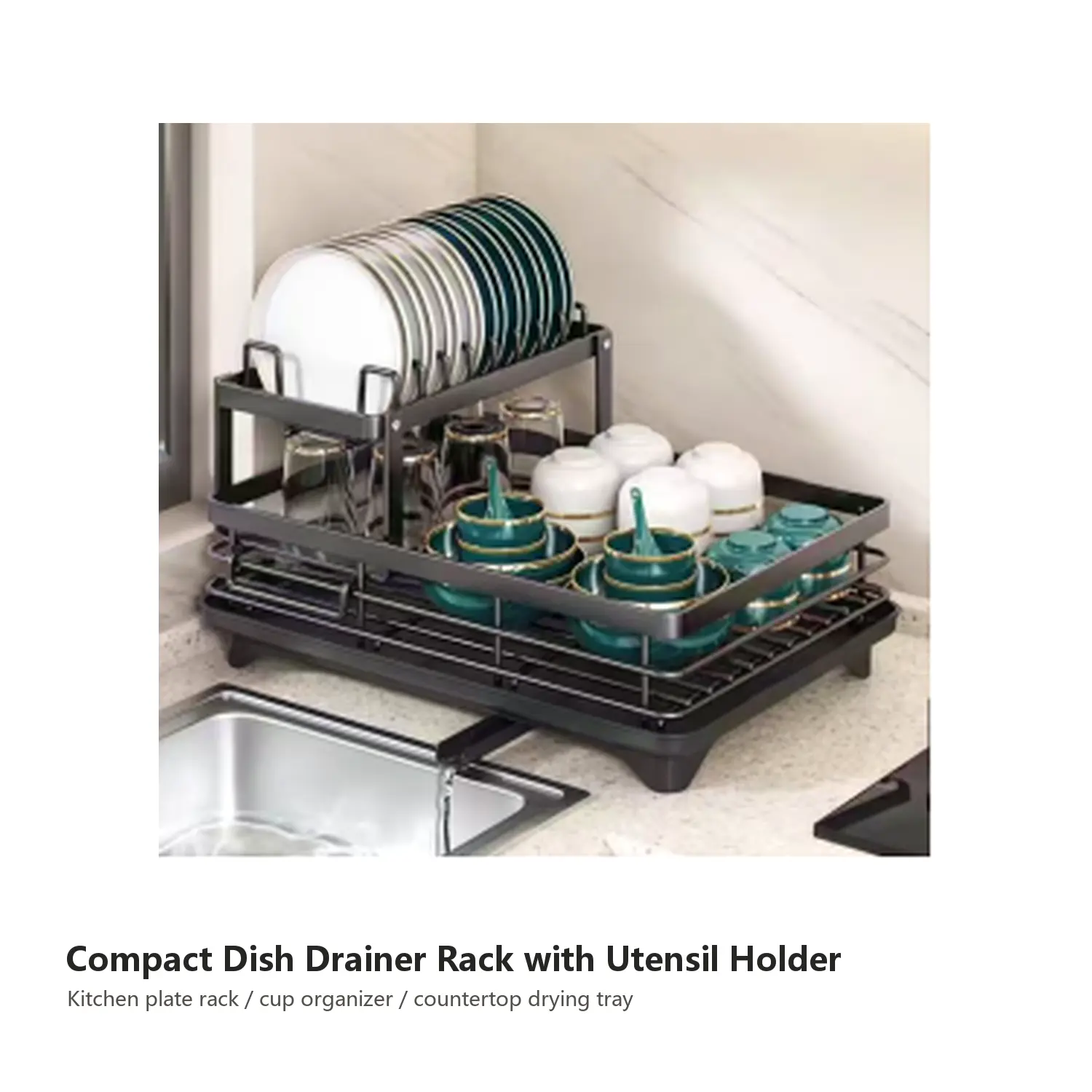 Compact Dish Drainer Rack with Utensil Holder, Countertop Plate Cup and Bowl Organizer