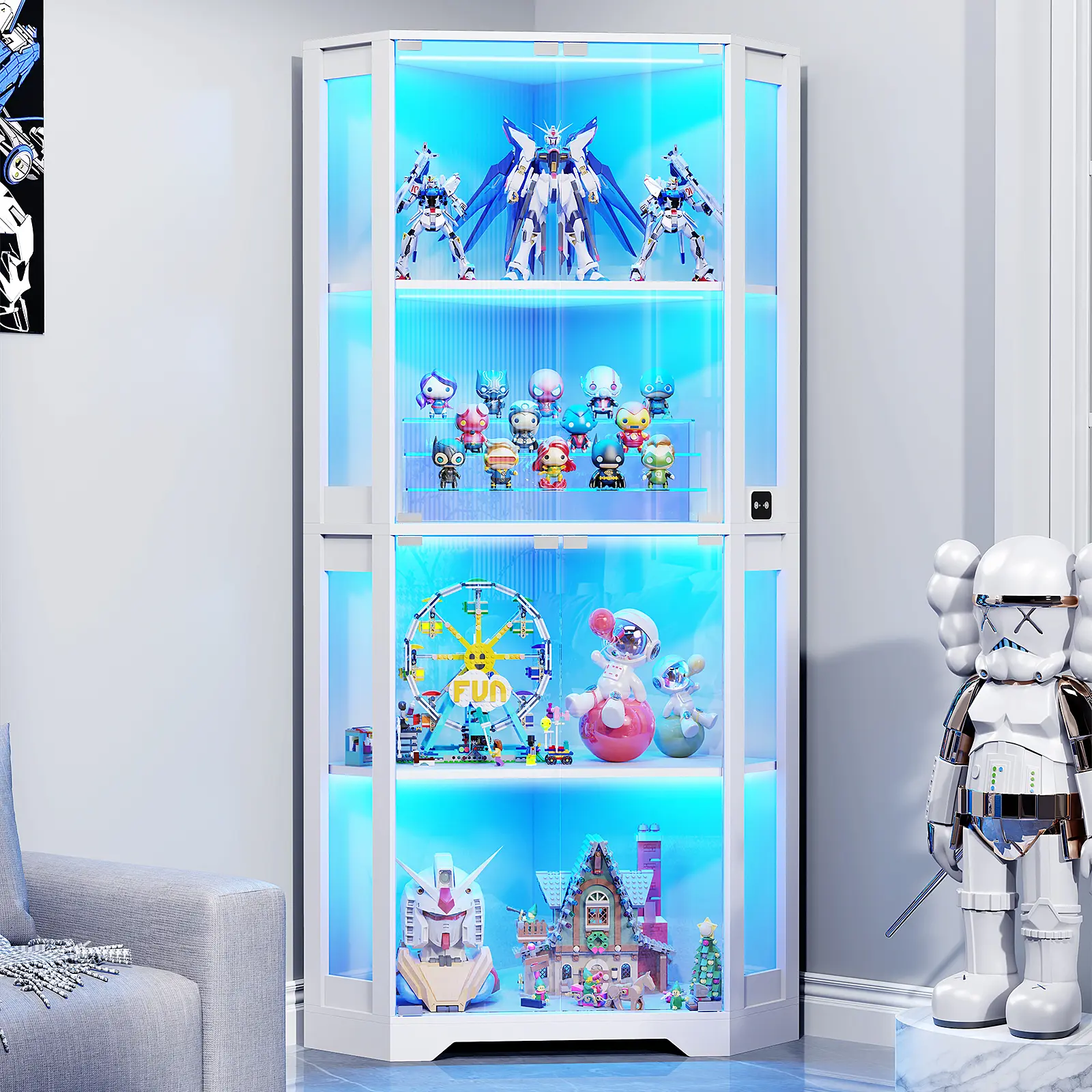 BROTTAR Corner Display Cabinet with Glass Doors, 65" Lighted Curio Display Case with 3 Color Lights for Collectibles, 4-Tier Corner Display Case with Human Body Sensor for Living Room,Large Storage Capacity, White