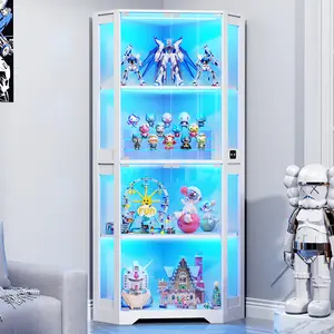 BROTTAR Corner Display Cabinet with Glass Doors, 65" Lighted Curio Display Case with 3 Color Lights for Collectibles, 4-Tier Corner Display Case with Human Body Sensor for Living Room,Large Storage Capacity, White